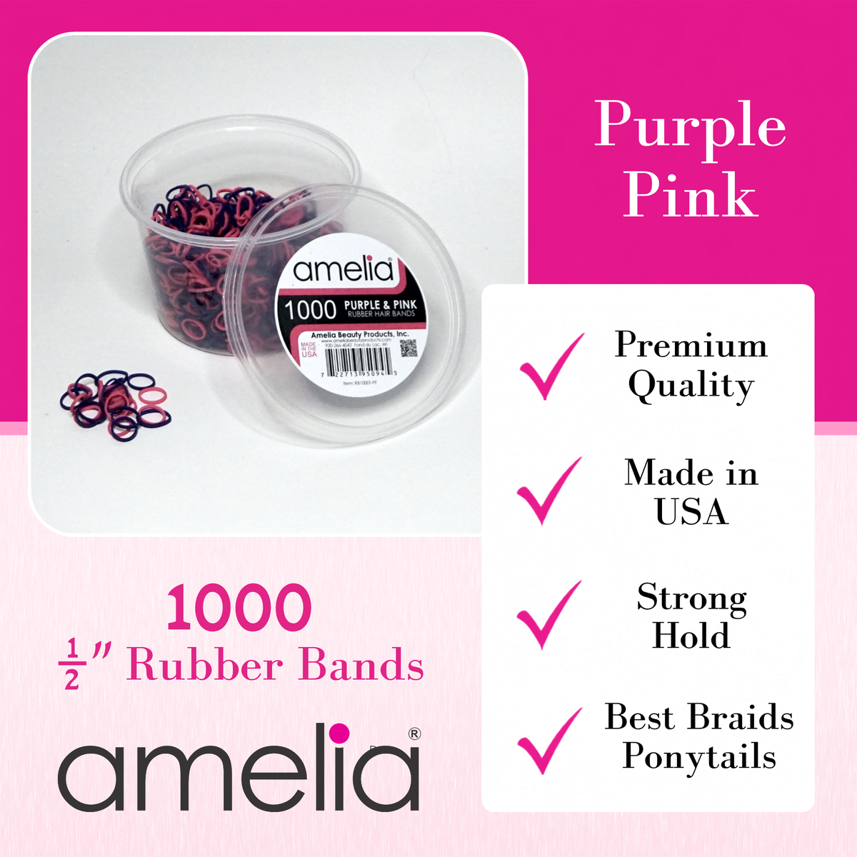 Amelia Beauty | 1000 Count, 1/2in Purple and Pink Mix Rubber Hair Bands | Made in USA | Ideal for Ponytails, Braids, Twists & Locs