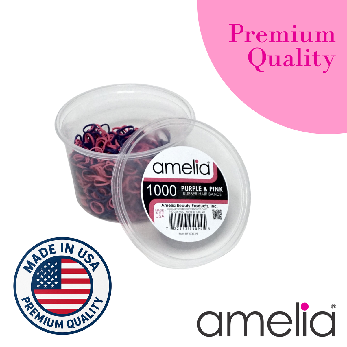 Amelia Beauty | 1000 Count, 1/2in Purple and Pink Mix Rubber Hair Bands | Made in USA | Ideal for Ponytails, Braids, Twists & Locs