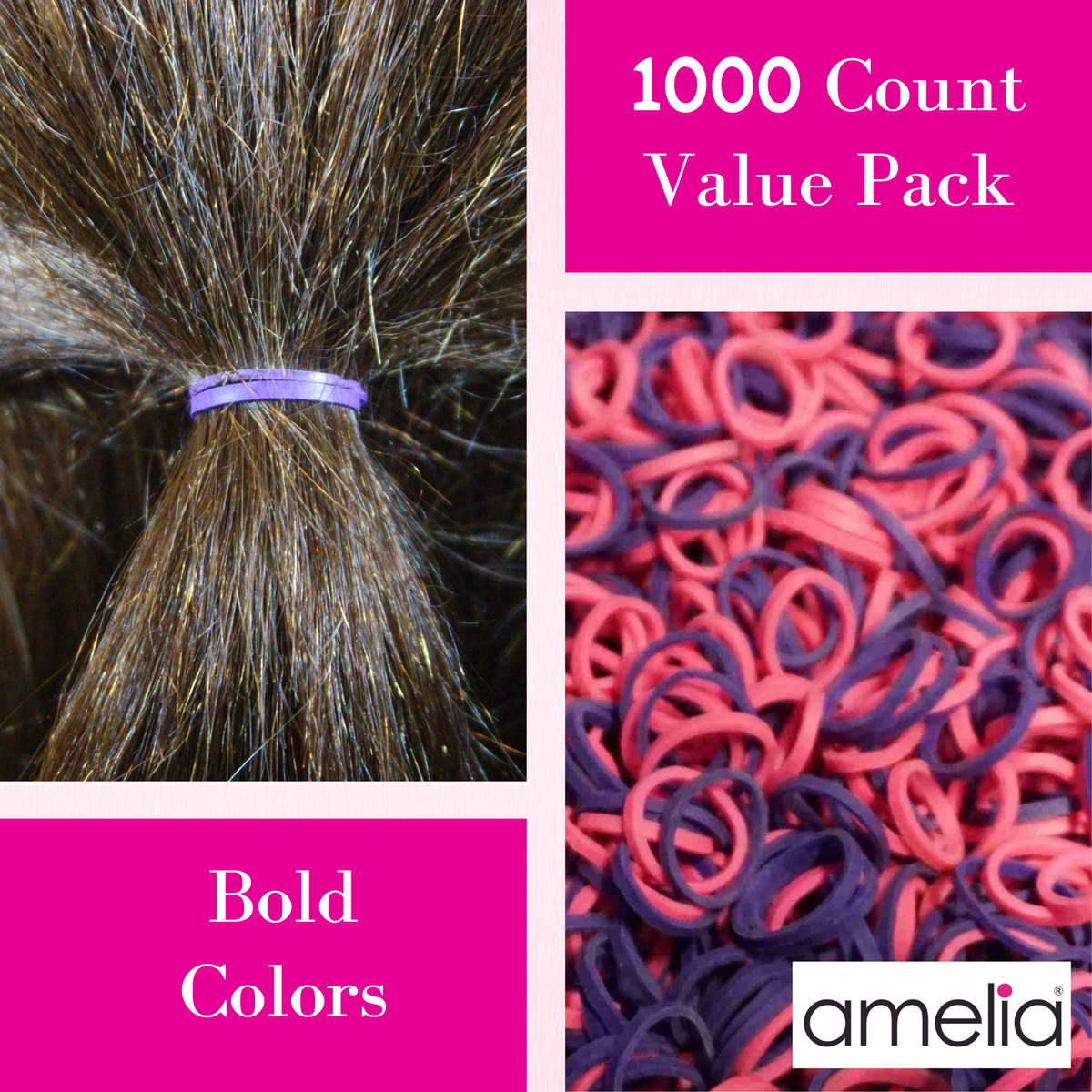 Amelia Beauty | 1000 Count, 1/2in Purple and Pink Mix Rubber Hair Bands | Made in USA | Ideal for Ponytails, Braids, Twists & Locs