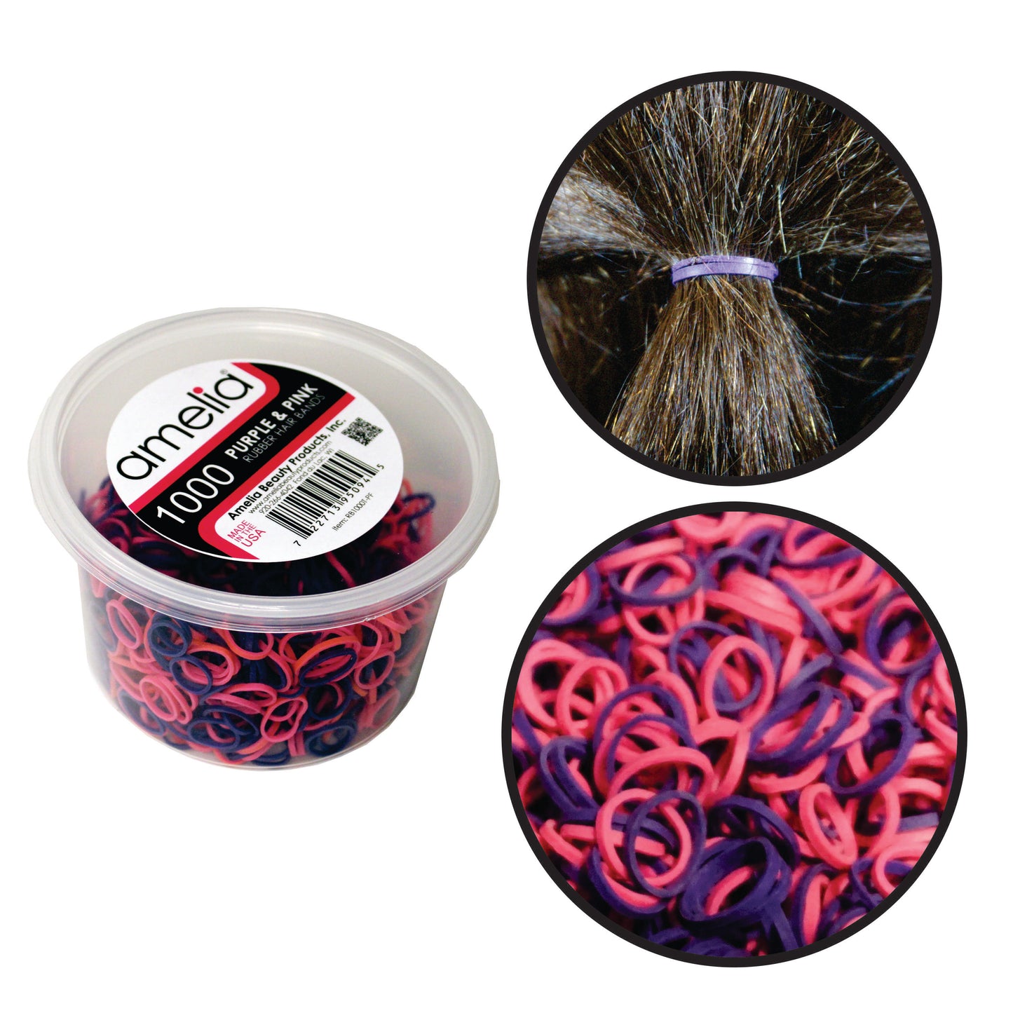 Amelia Beauty | 1/2in, Purple and Fuchsia Mix, Elastic Rubber Band Pony Tail Holders | Made in USA, Ideal for Ponytails, Braids, Twists, Dreadlocks, Styling Accessories for Women, Men and Girls | 1000 Pack