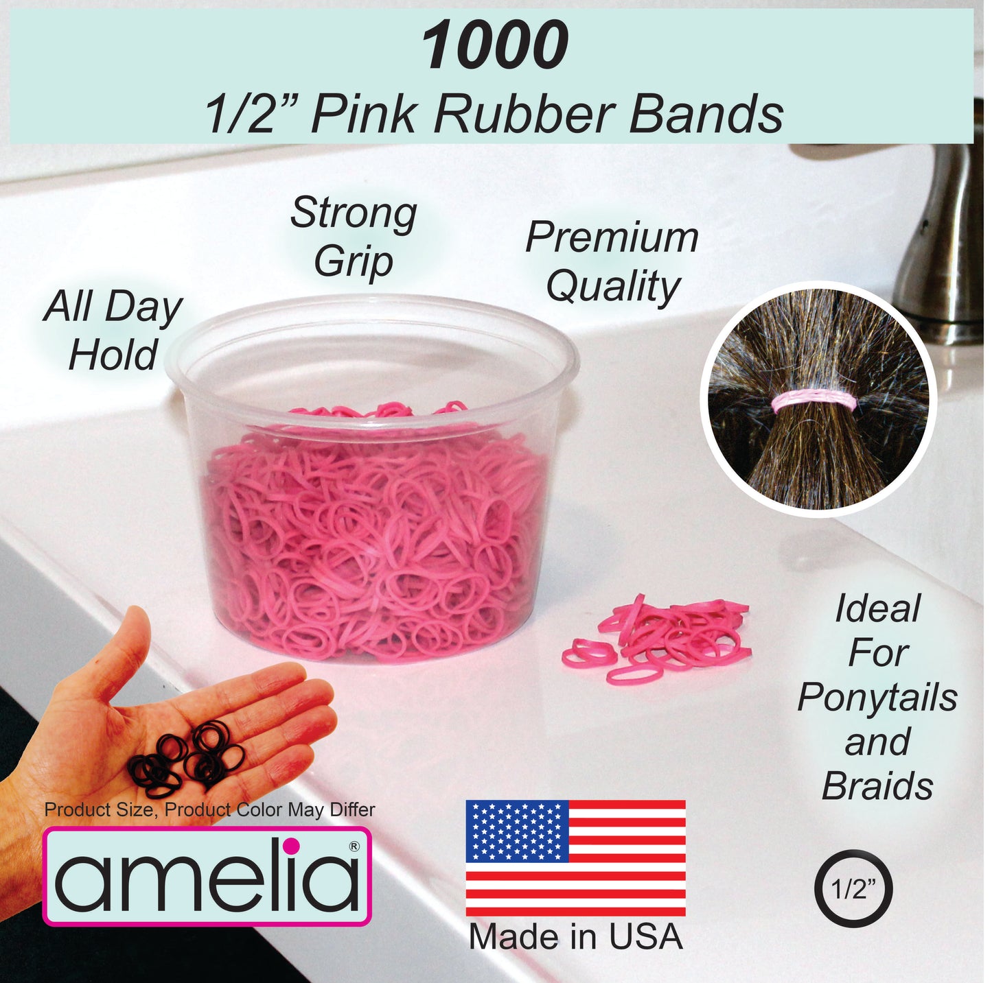 Amelia Beauty | 1/2in, Pink, Elastic Rubber Band Pony Tail Holders | Made in USA, Ideal for Ponytails, Braids, Twists, Dreadlocks, Styling Accessories for Women, Men and Girls | 1000 Pack