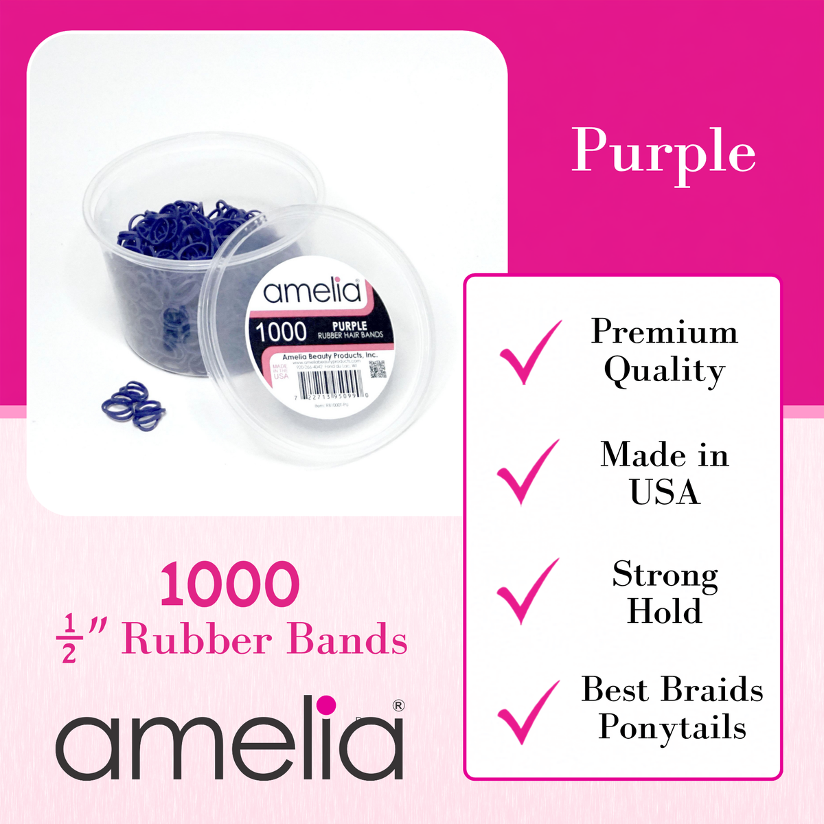 Amelia Beauty | 1000 Count, 1/2in Purple Rubber Hair Bands | Made in USA | Ideal for Ponytails, Braids, Twists & Locs