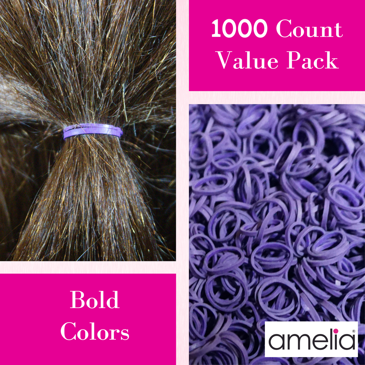 Amelia Beauty | 1000 Count, 1/2in Purple Rubber Hair Bands | Made in USA | Ideal for Ponytails, Braids, Twists & Locs