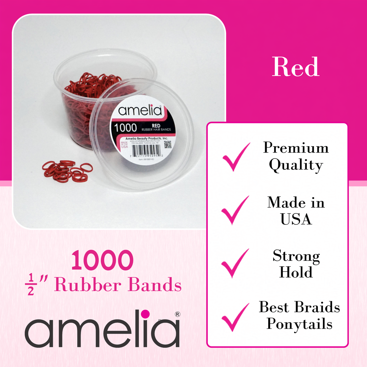 Amelia Beauty | 1000 Count, 1/2in Red Rubber Hair Bands | Made in USA | Ideal for Ponytails, Braids, Twists & Locs