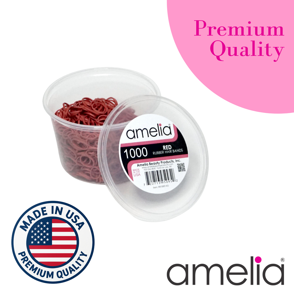 Amelia Beauty | 1000 Count, 1/2in Red Rubber Hair Bands | Made in USA | Ideal for Ponytails, Braids, Twists & Locs