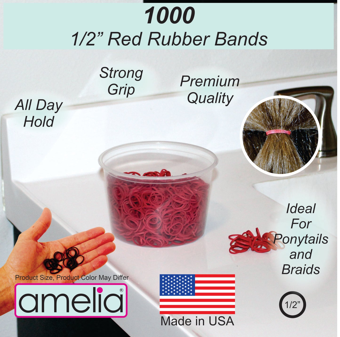 Amelia Beauty | 1/2in, Red, Elastic Rubber Band Pony Tail Holders | Made in USA, Ideal for Ponytails, Braids, Twists, Dreadlocks, Styling Accessories for Women, Men and Girls | 1000 Pack