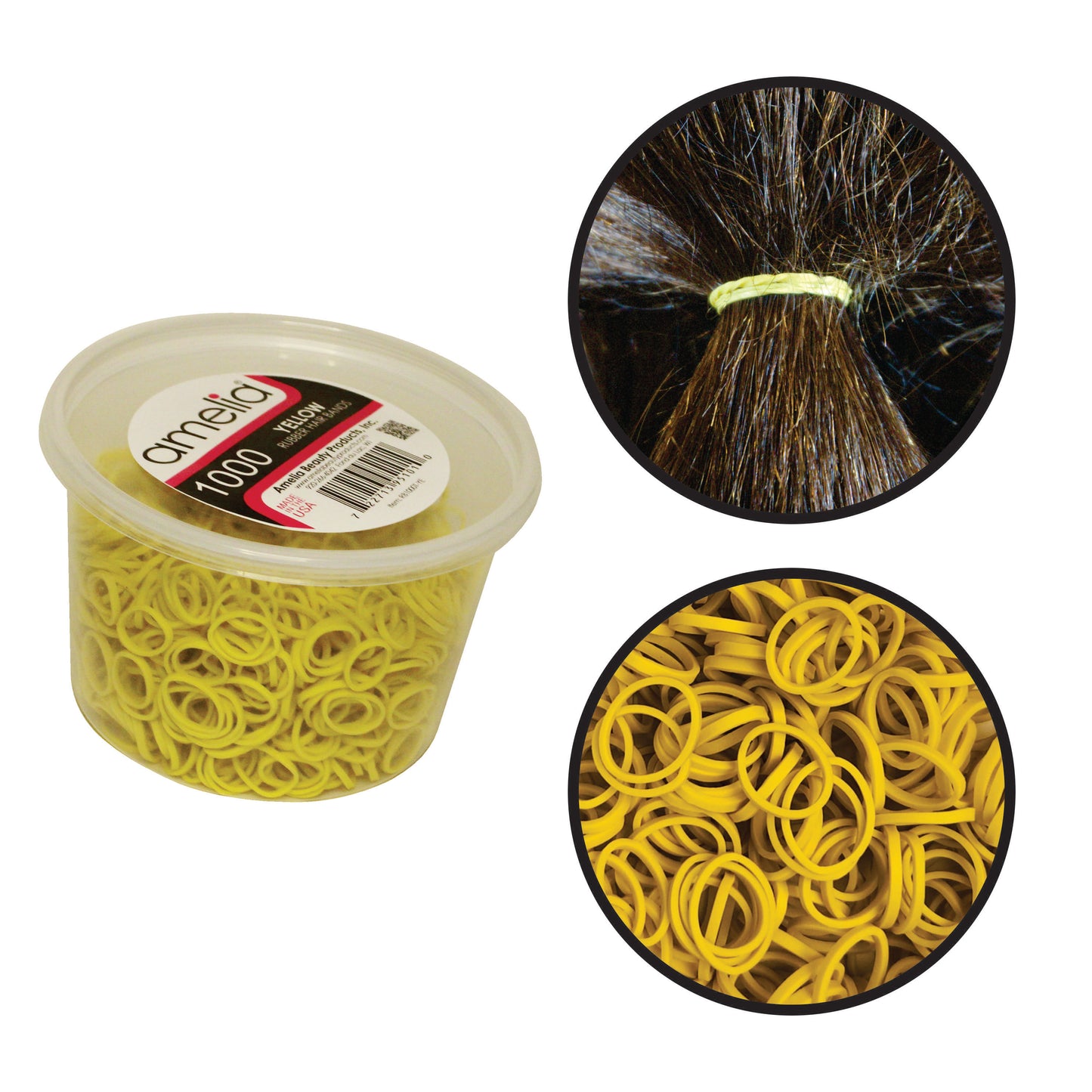 Amelia Beauty | 1/2in, Yellow, Elastic Rubber Band Pony Tail Holders | Made in USA, Ideal for Ponytails, Braids, Twists, Dreadlocks, Styling Accessories for Women, Men and Girls | 1000 Pack