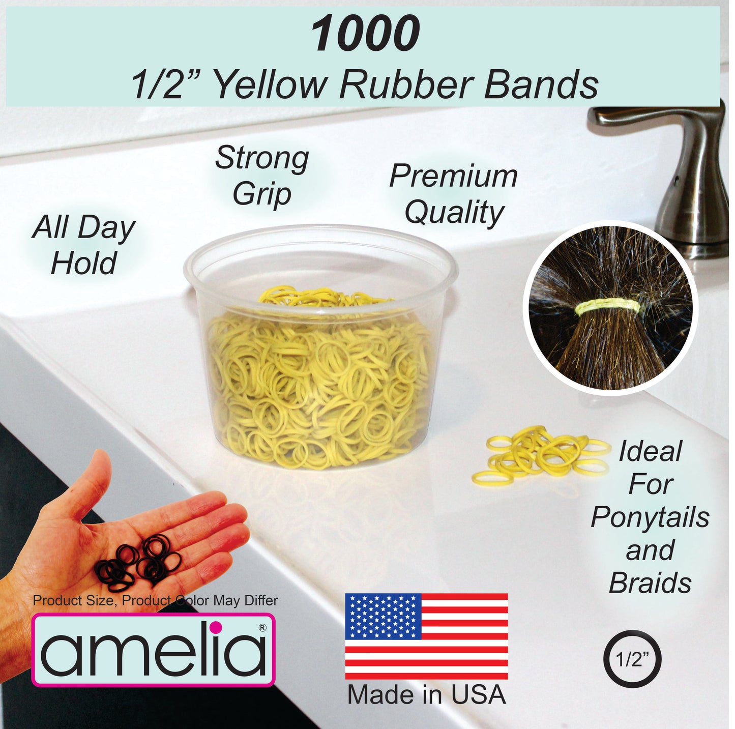 Amelia Beauty | 1/2in, Yellow, Elastic Rubber Band Pony Tail Holders | Made in USA, Ideal for Ponytails, Braids, Twists, Dreadlocks, Styling Accessories for Women, Men and Girls | 1000 Pack