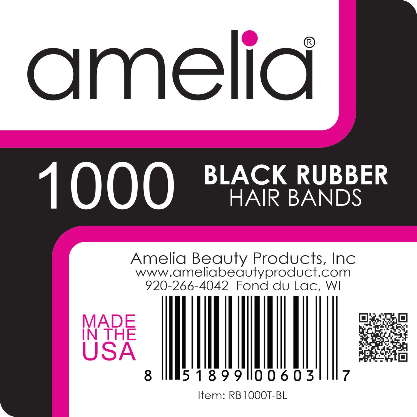 Amelia Beauty | 1/2in, Black, Elastic Rubber Band Pony Tail Holders | Made in USA, Ideal for Ponytails, Braids, Twists, Dreadlocks, Styling Accessories for Women, Men and Girls | 1000 Pack