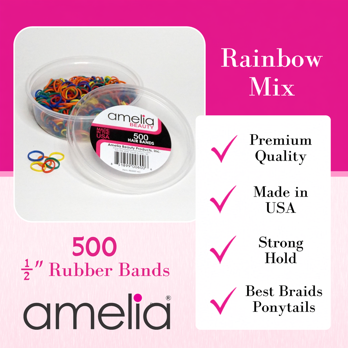 Amelia Beauty | 500 Count, 1/2in Rainbow Mix Rubber Hair Bands | Made in USA | Ideal for Ponytails, Braids, Twists & Locs
