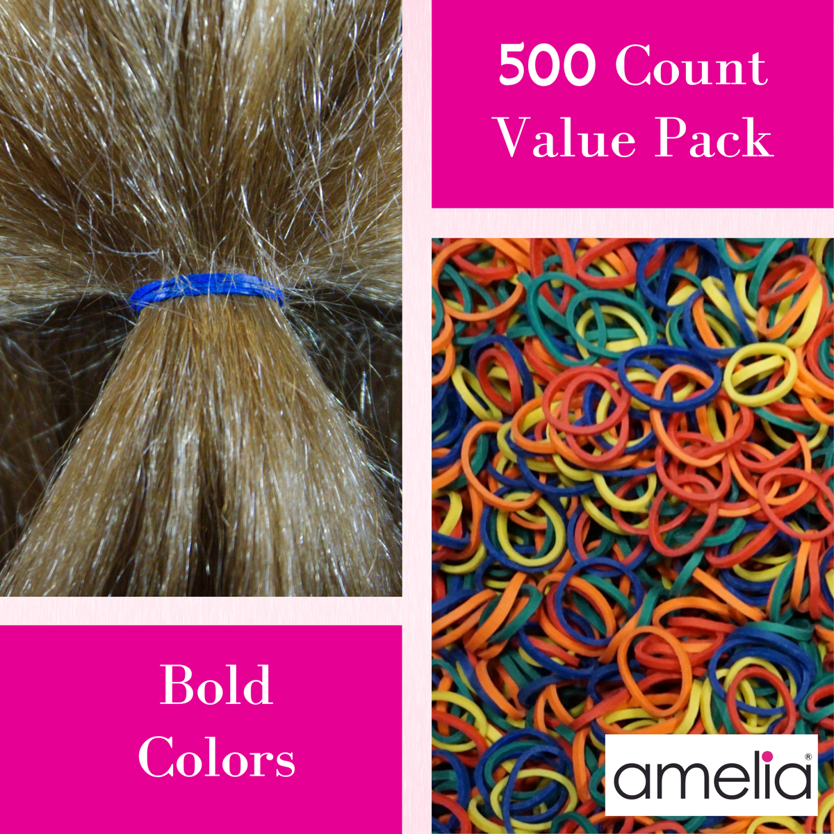 Amelia Beauty | 500 Count, 1/2in Rainbow Mix Rubber Hair Bands | Made in USA | Ideal for Ponytails, Braids, Twists & Locs