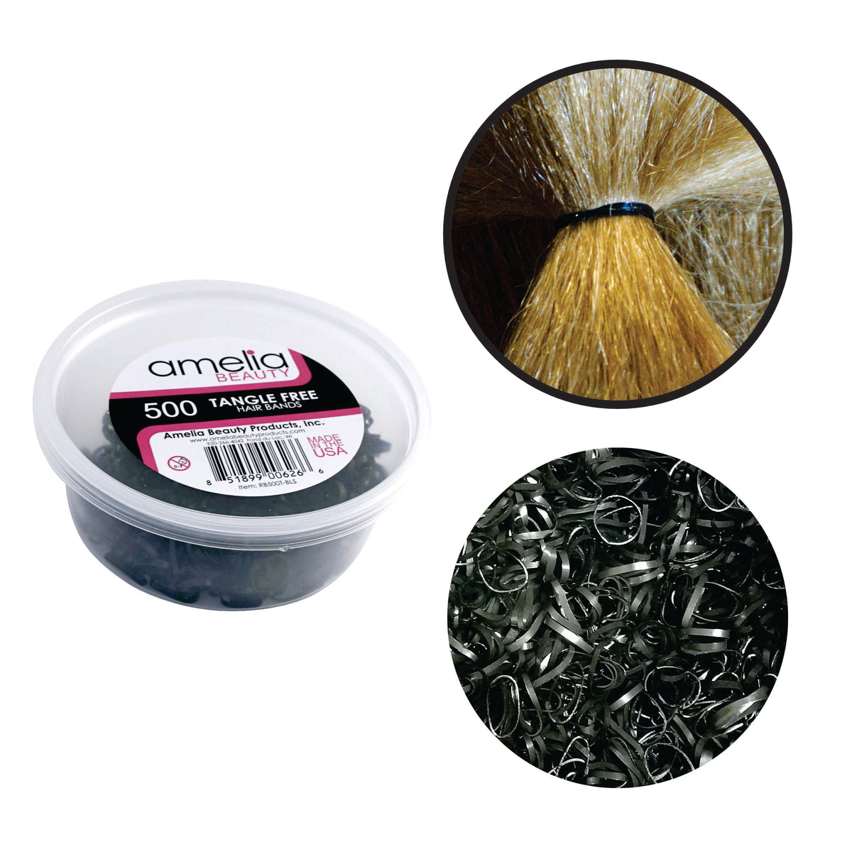 Amelia Beauty 500 Count Small Black Tangle-Free Elastic Ponytail Holders, 1/2-Inch Hair Ties for Ponytails, Braids, Twists & Hair Sectioning, Made in USA