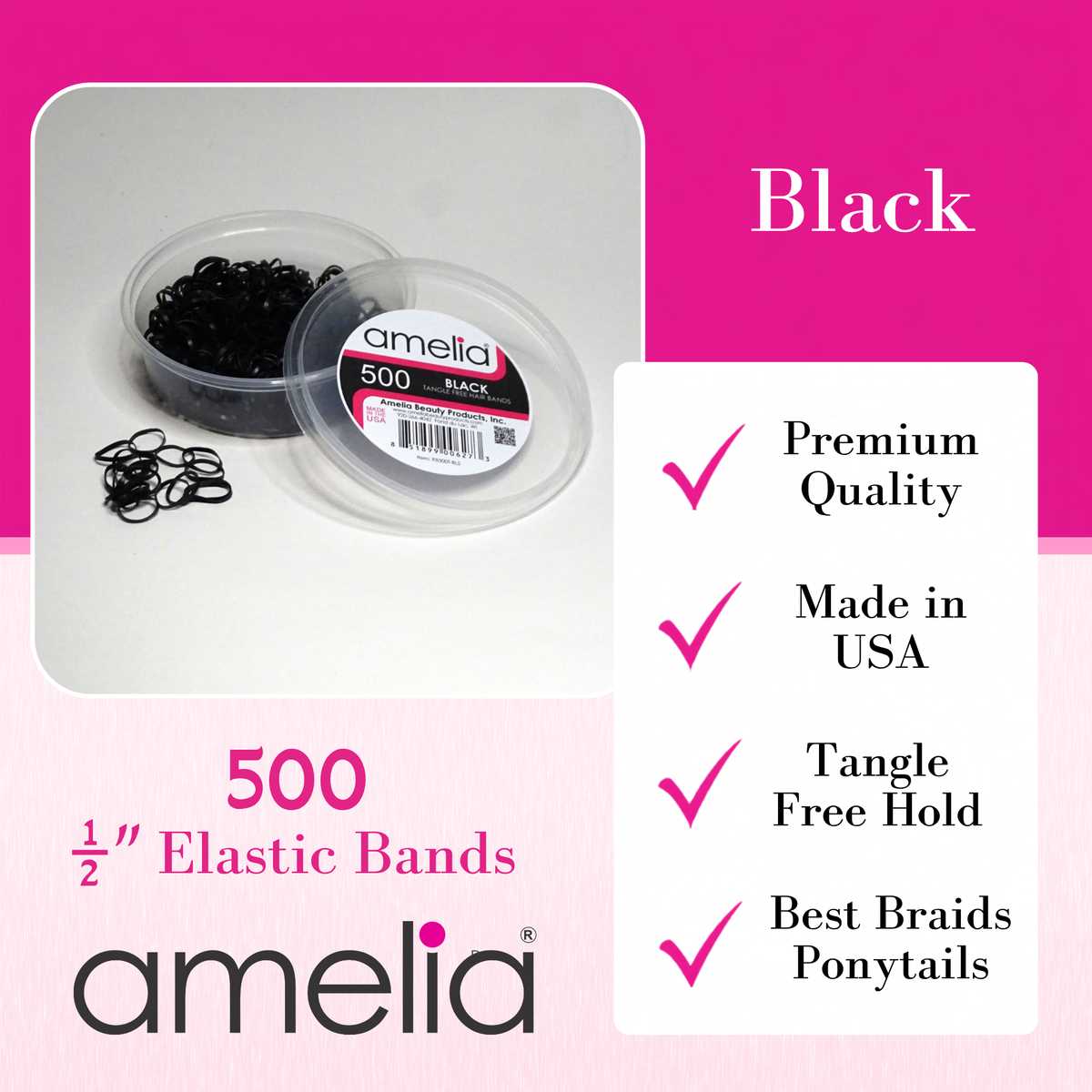 Amelia Beauty 500 Count Small Black Tangle-Free Elastic Ponytail Holders, 1/2-Inch Hair Ties for Ponytails, Braids, Twists & Hair Sectioning, Made in USA