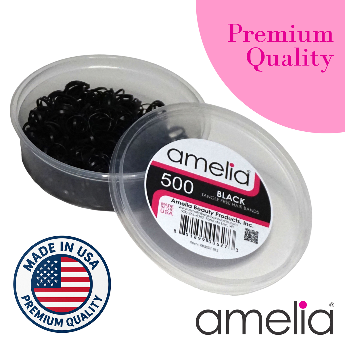 Amelia Beauty 500 Count Small Black Tangle-Free Elastic Ponytail Holders, 1/2-Inch Hair Ties for Ponytails, Braids, Twists & Hair Sectioning, Made in USA