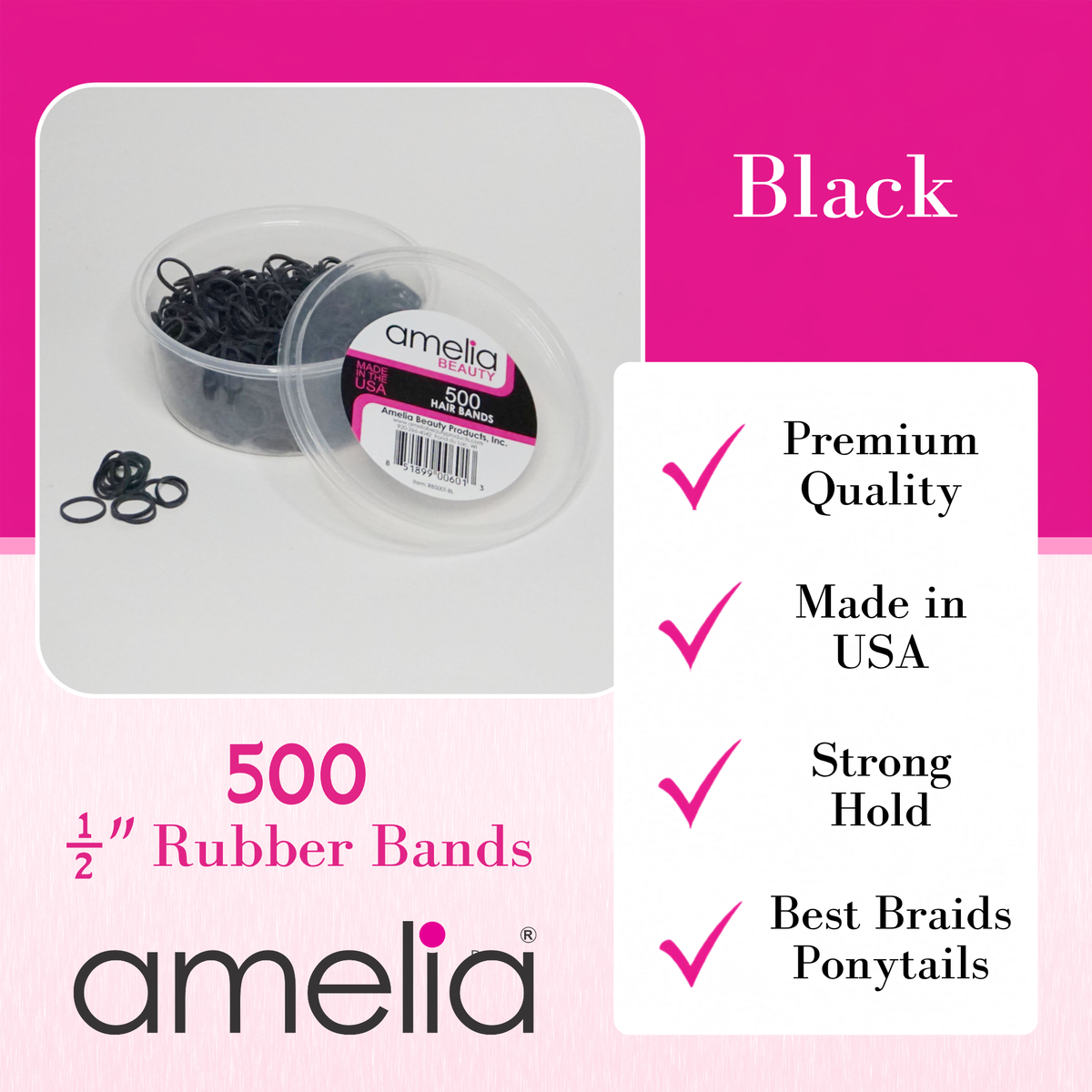 Amelia Beauty | 500 Count, 1/2in Black Rubber Hair Bands | Made in USA | Ideal for Ponytails, Braids, Twists & Locs