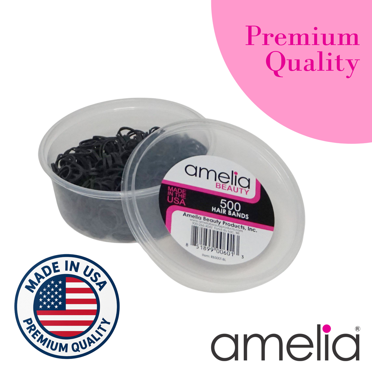 Amelia Beauty | 500 Count, 1/2in Black Rubber Hair Bands | Made in USA | Ideal for Ponytails, Braids, Twists & Locs