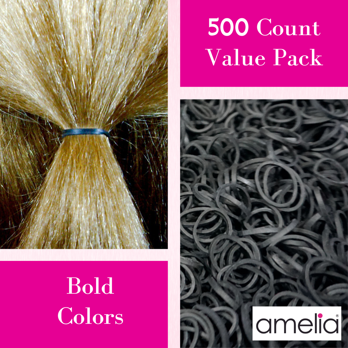Amelia Beauty | 500 Count, 1/2in Black Rubber Hair Bands | Made in USA | Ideal for Ponytails, Braids, Twists & Locs