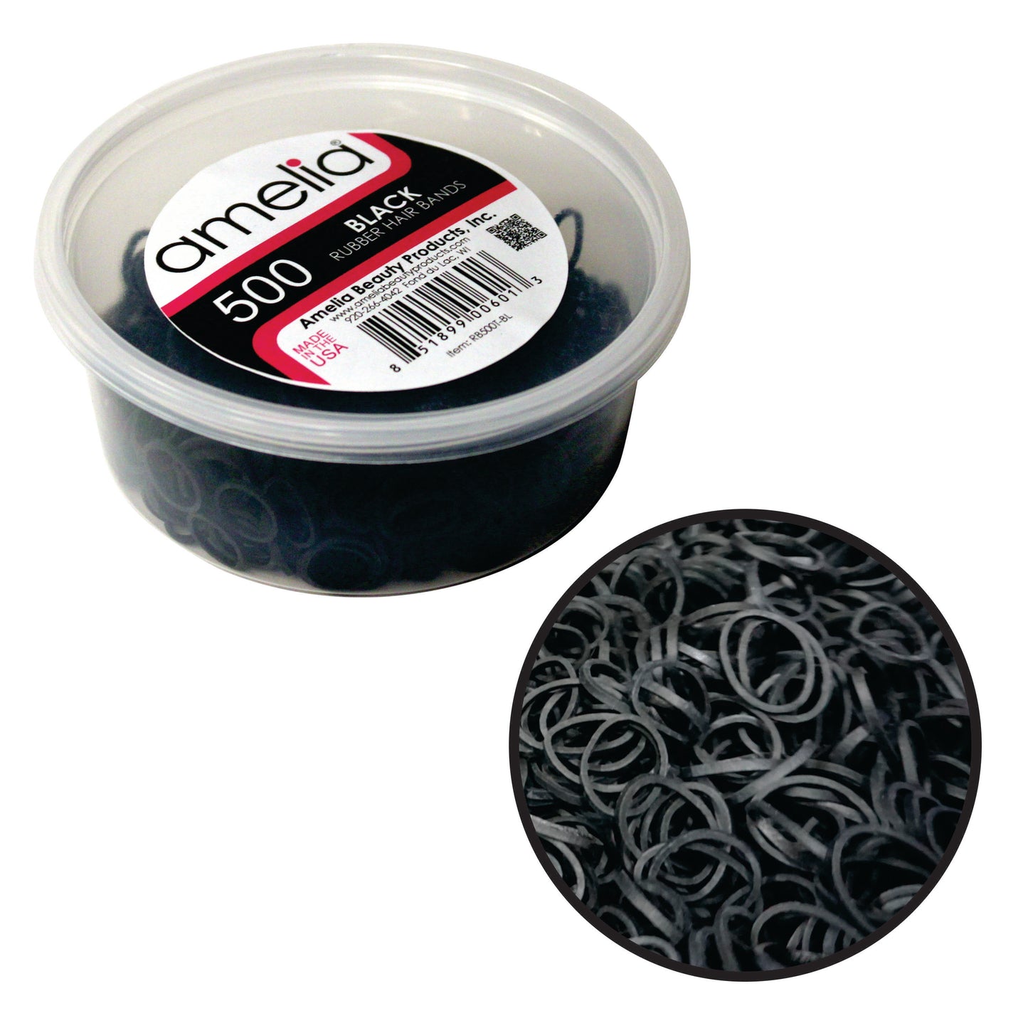Amelia Beauty | 1/2in, Black, Elastic Rubber Band Pony Tail Holders | Made in USA, Ideal for Ponytails, Braids, Twists, Dreadlocks, Styling Accessories for Women, Men and Girls | 500 Pack