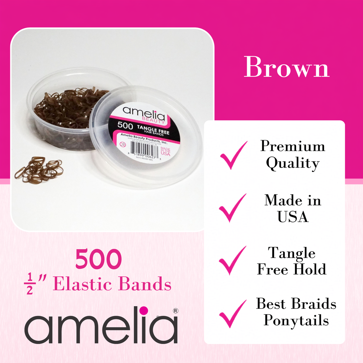 Amelia Beauty 500 Count Small Brown Tangle-Free Elastic Ponytail Holders, 1/2-Inch Hair Ties for Ponytails, Braids, Twists & Hair Sectioning, Made in USA
