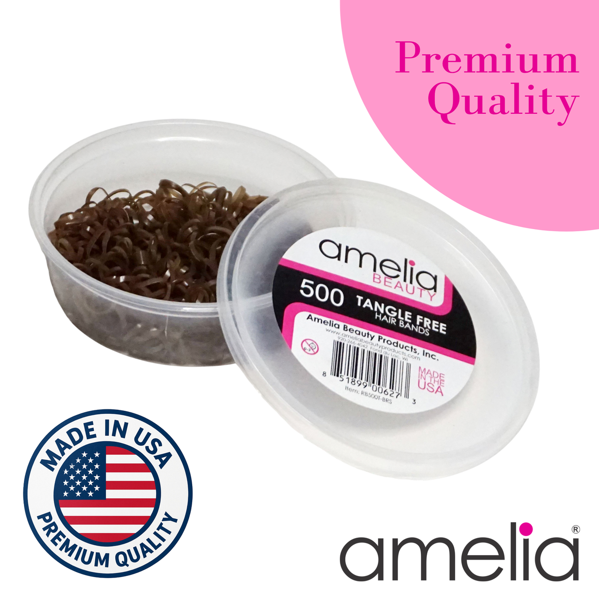 Amelia Beauty 500 Count Small Brown Tangle-Free Elastic Ponytail Holders, 1/2-Inch Hair Ties for Ponytails, Braids, Twists & Hair Sectioning, Made in USA