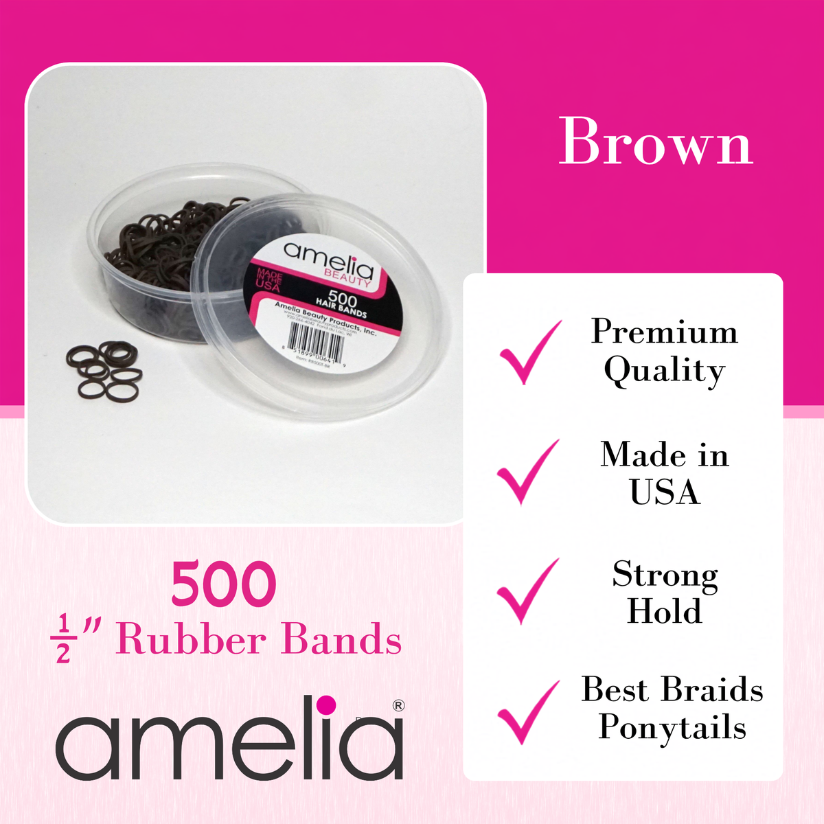 Amelia Beauty | 500 Count, 1/2in Brown Rubber Hair Bands | Made in USA | Ideal for Ponytails, Braids, Twists & Locs