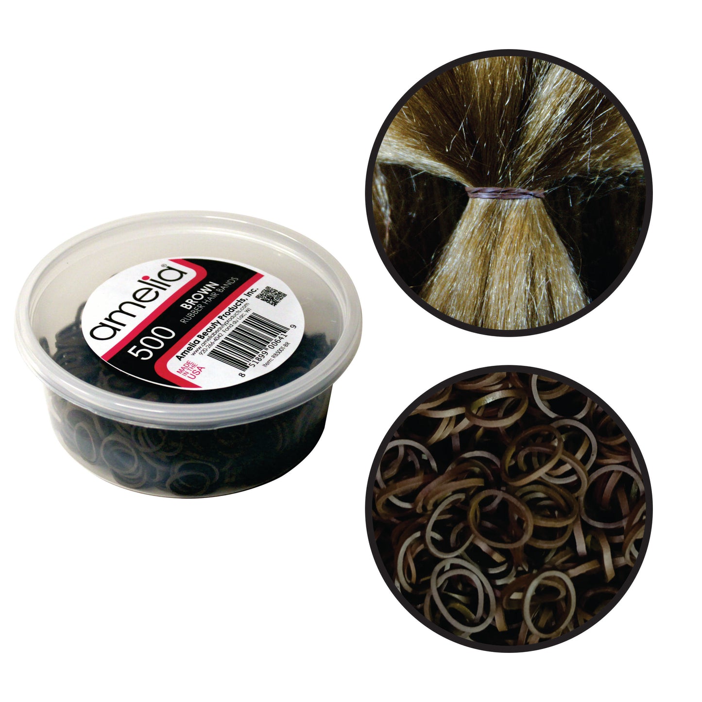 Amelia Beauty | 1/2in, Brown, Elastic Rubber Band Pony Tail Holders | Made in USA, Ideal for Ponytails, Braids, Twists, Dreadlocks, Styling Accessories for Women, Men and Girls | 500 Pack