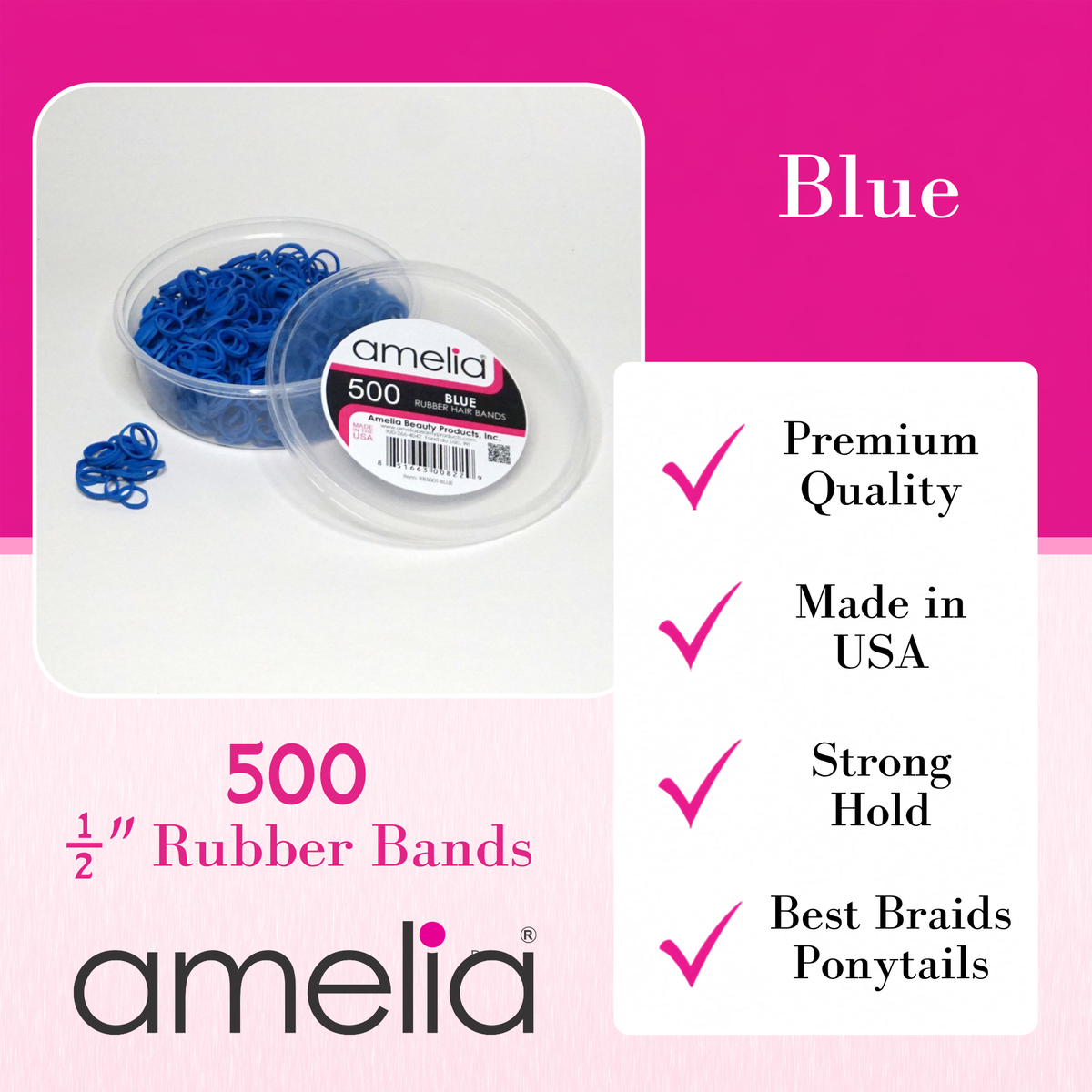 Amelia Beauty | 500 Count, 1/2in Blue Rubber Hair Bands | Made in USA | Ideal for Ponytails, Braids, Twists & Locs