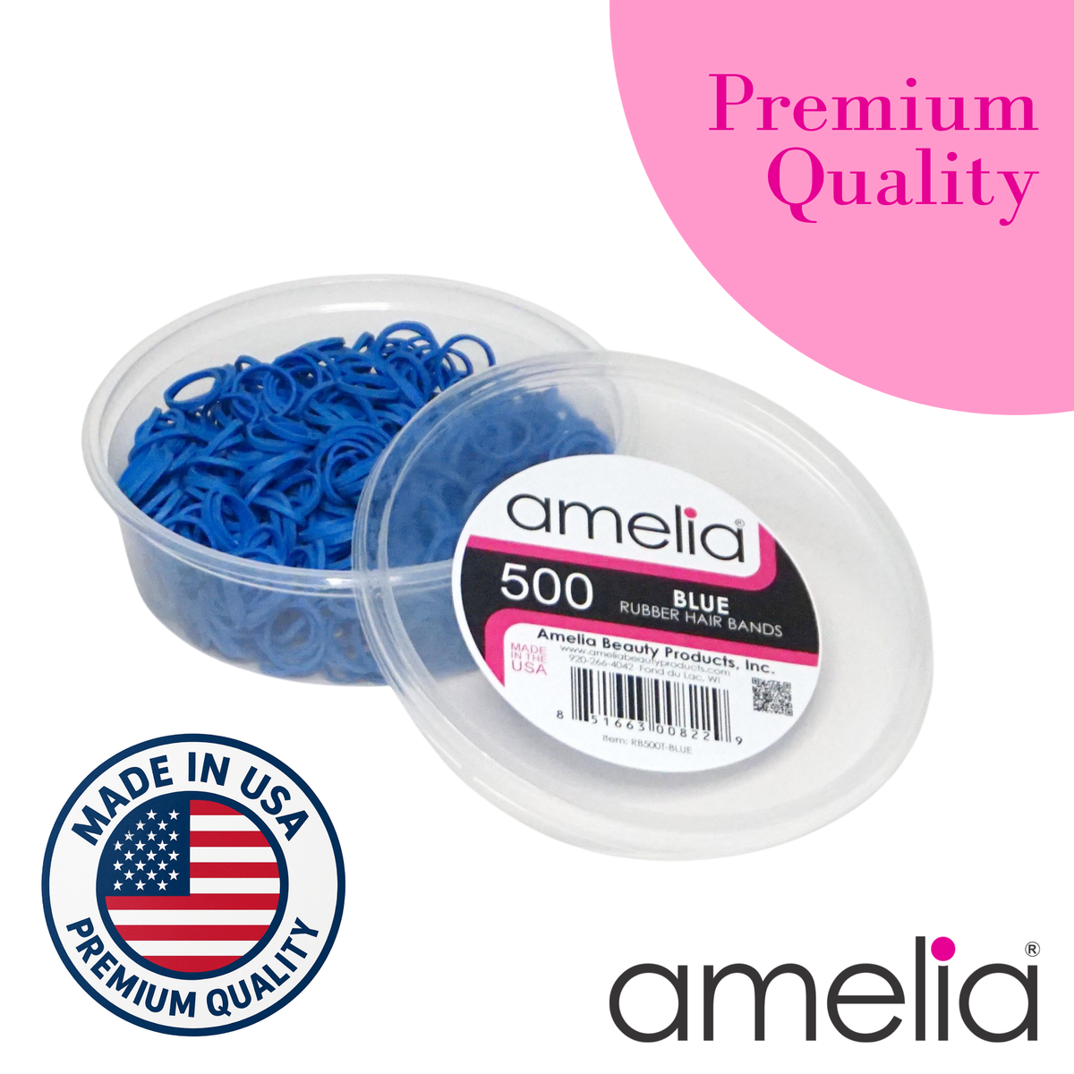 Amelia Beauty | 500 Count, 1/2in Blue Rubber Hair Bands | Made in USA | Ideal for Ponytails, Braids, Twists & Locs