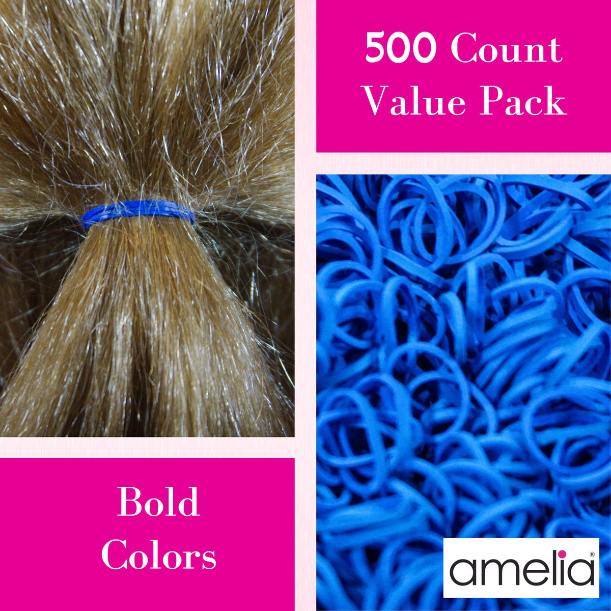 Amelia Beauty | 500 Count, 1/2in Blue Rubber Hair Bands | Made in USA | Ideal for Ponytails, Braids, Twists & Locs