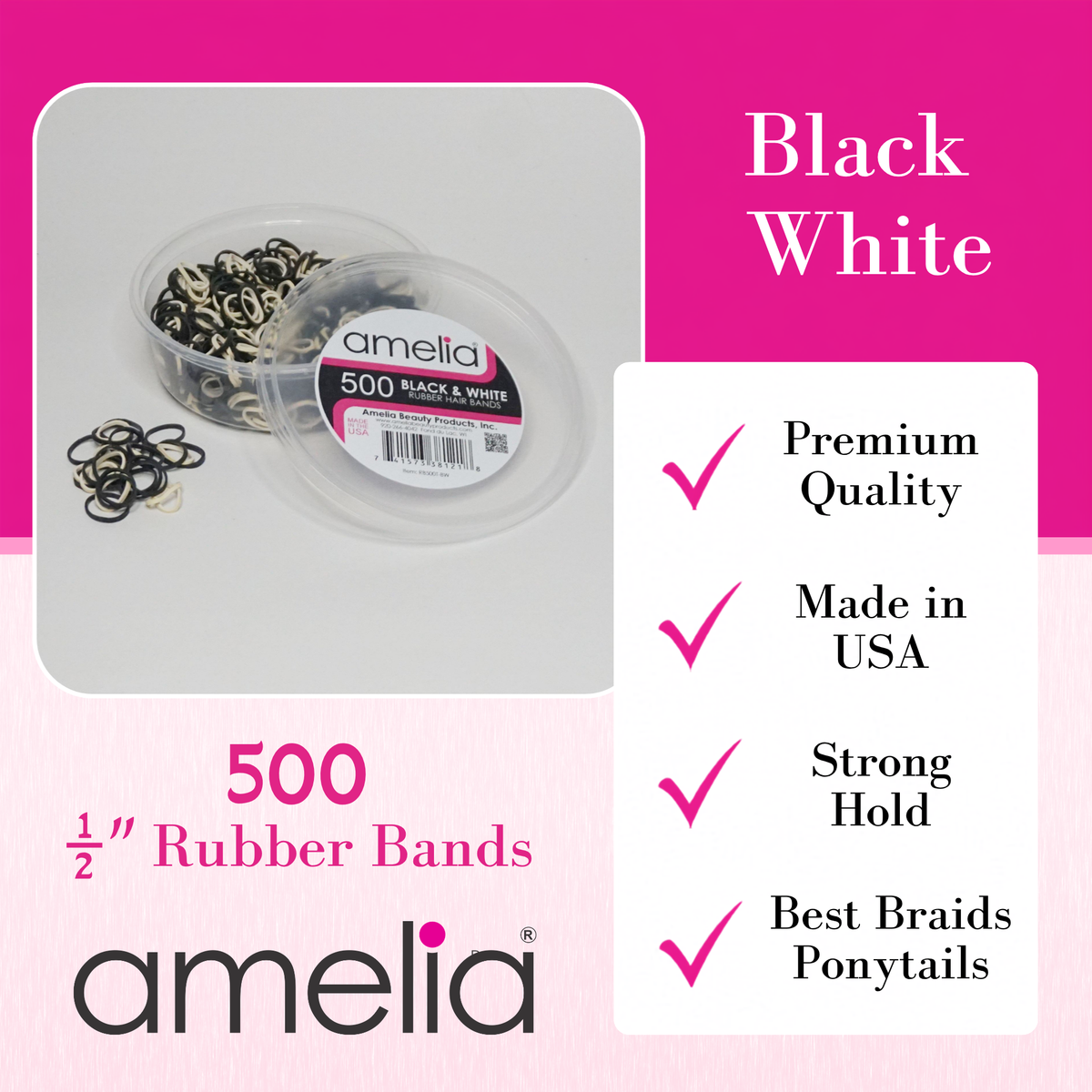 Amelia Beauty | 500 Count, 1/2in Black and White Mix Rubber Hair Bands | Made in USA | Ideal for Ponytails, Braids, Twists & Locs