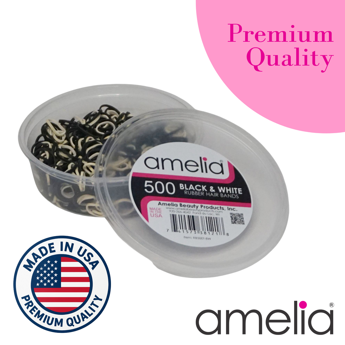 Amelia Beauty | 500 Count, 1/2in Black and White Mix Rubber Hair Bands | Made in USA | Ideal for Ponytails, Braids, Twists & Locs