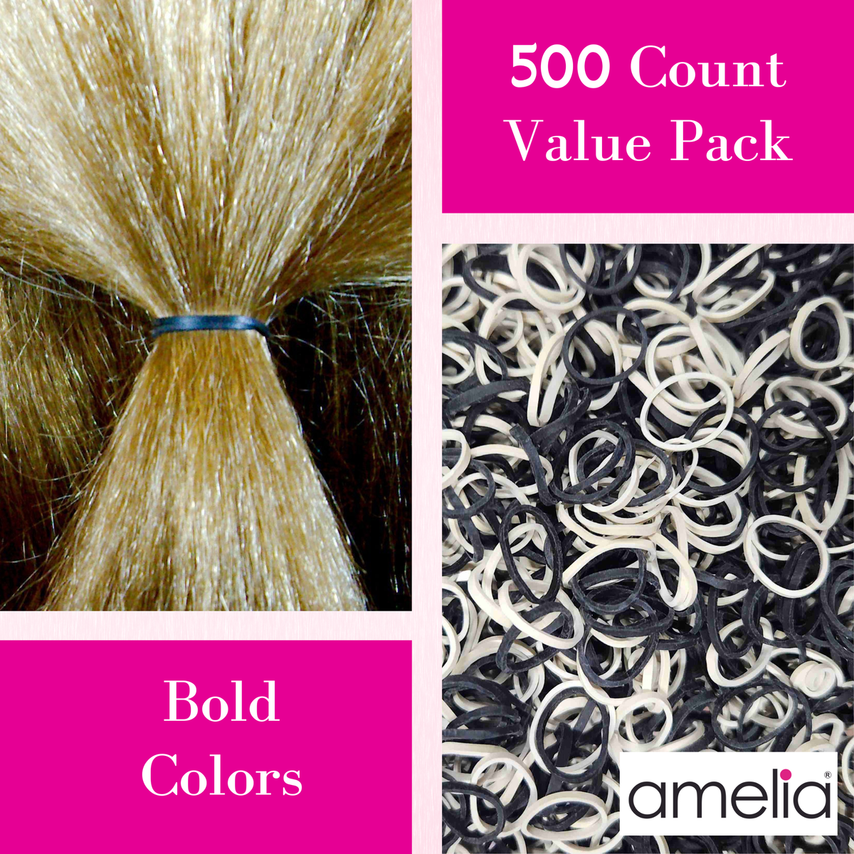 Amelia Beauty | 500 Count, 1/2in Black and White Mix Rubber Hair Bands | Made in USA | Ideal for Ponytails, Braids, Twists & Locs