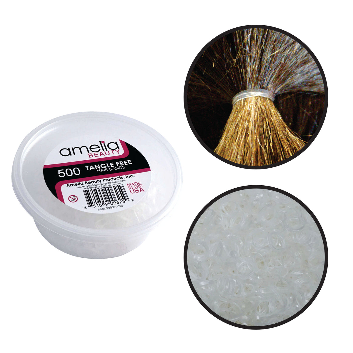 Amelia Beauty 500 Count Small Clear Tangle-Free Elastic Ponytail Holders, 1/2-Inch Hair Ties for Ponytails, Braids, Twists & Hair Sectioning, Made in USA