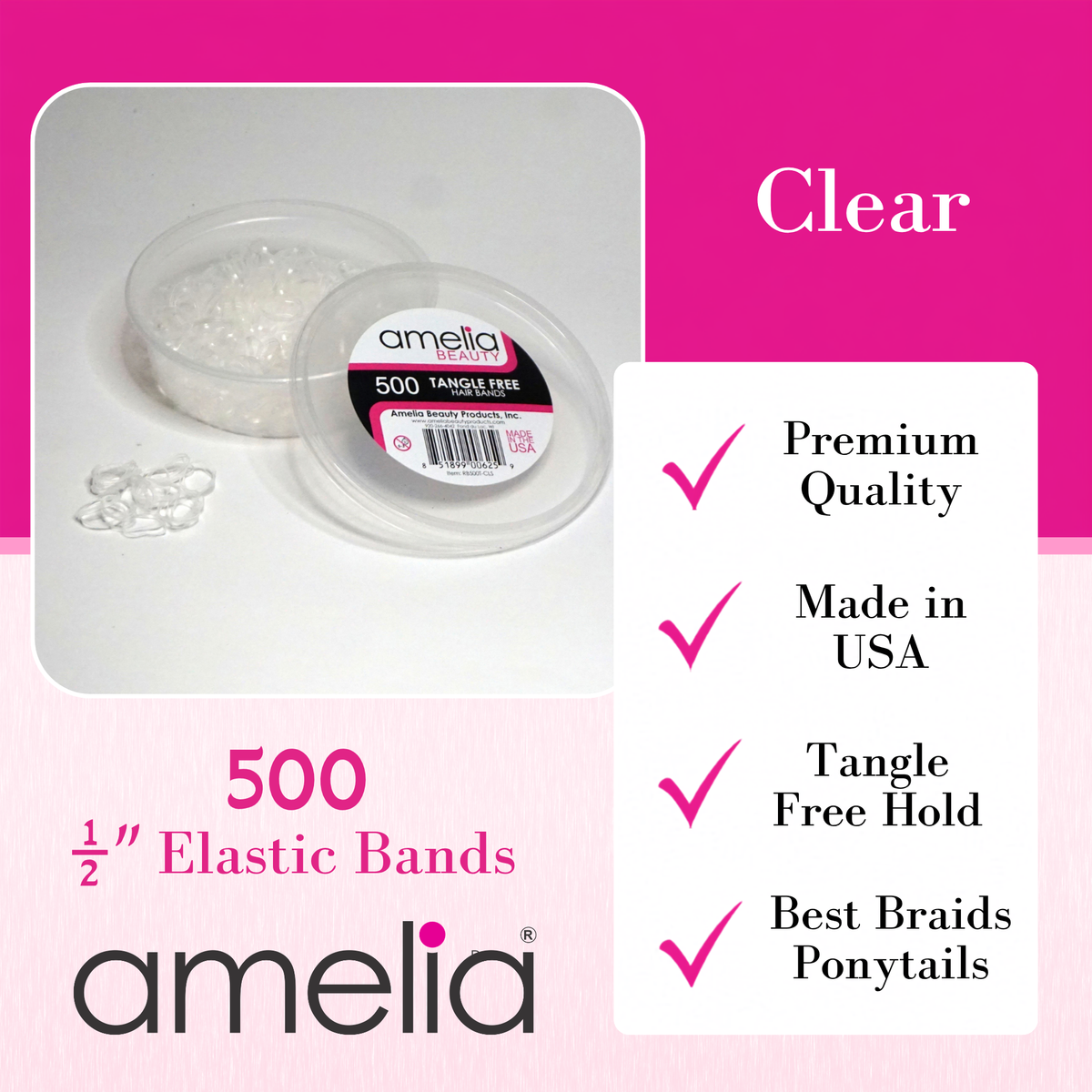 Amelia Beauty 500 Count Small Clear Tangle-Free Elastic Ponytail Holders, 1/2-Inch Hair Ties for Ponytails, Braids, Twists & Hair Sectioning, Made in USA