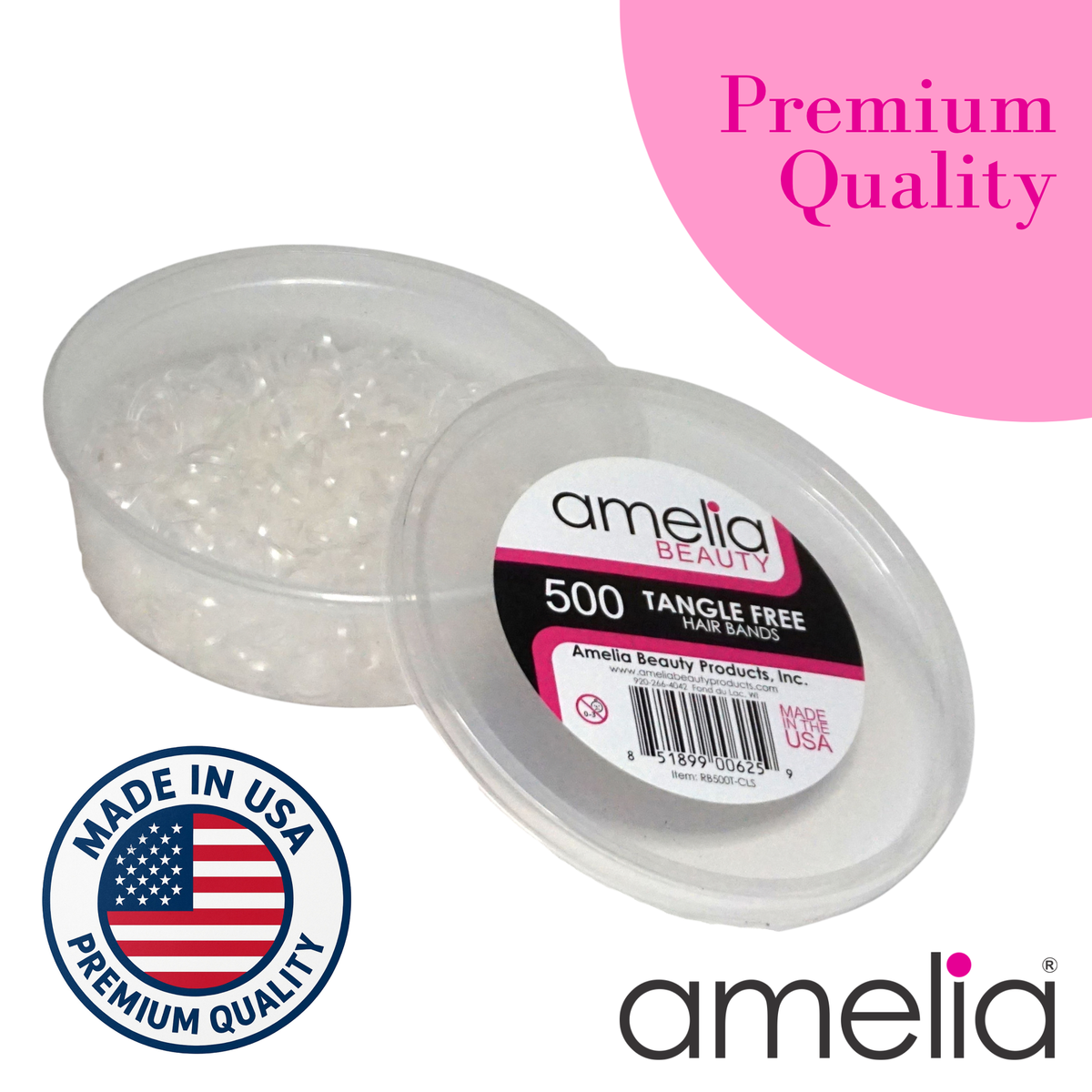 Amelia Beauty 500 Count Small Clear Tangle-Free Elastic Ponytail Holders, 1/2-Inch Hair Ties for Ponytails, Braids, Twists & Hair Sectioning, Made in USA