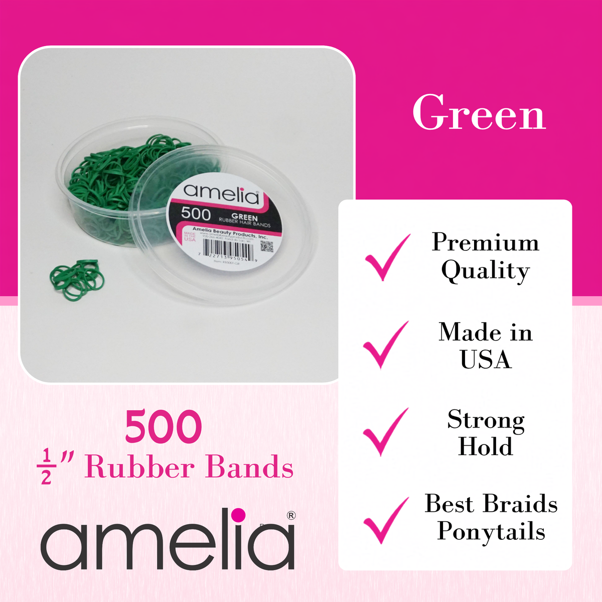 Amelia Beauty | 500 Count, 1/2in Green Rubber Hair Bands | Made in USA | Ideal for Ponytails, Braids, Twists & Locs