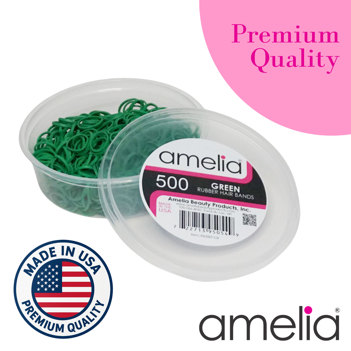 Amelia Beauty | 500 Count, 1/2in Green Rubber Hair Bands | Made in USA | Ideal for Ponytails, Braids, Twists & Locs