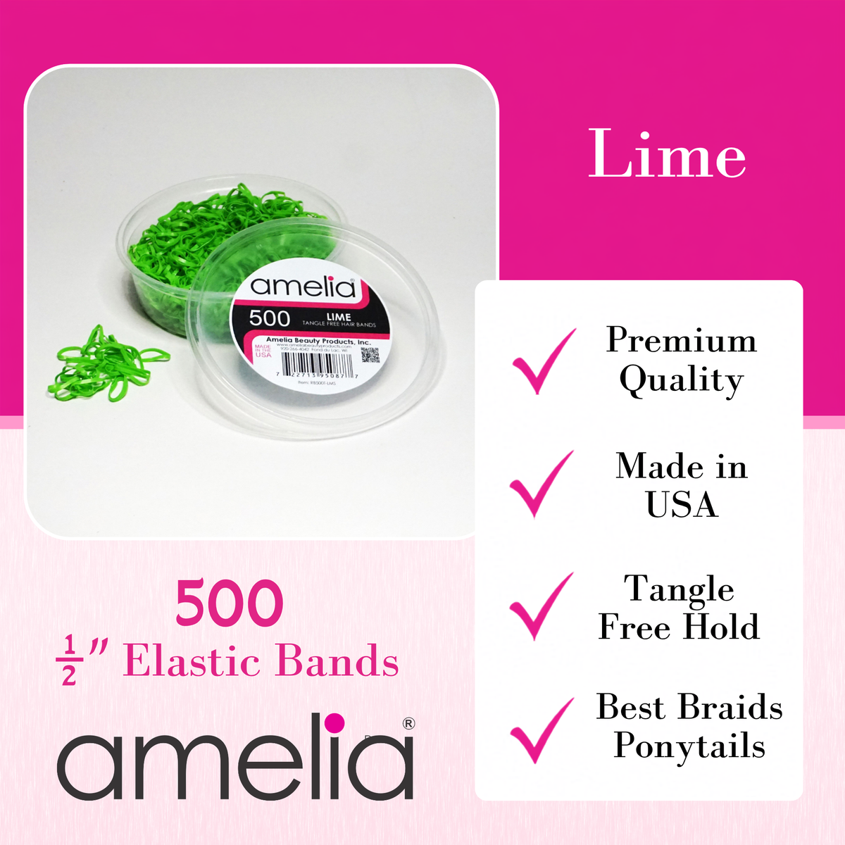 Amelia Beauty 500 Count Small Lime Tangle-Free Elastic Ponytail Holders, 1/2-Inch Hair Ties for Ponytails, Braids, Twists & Hair Sectioning, Made in USA