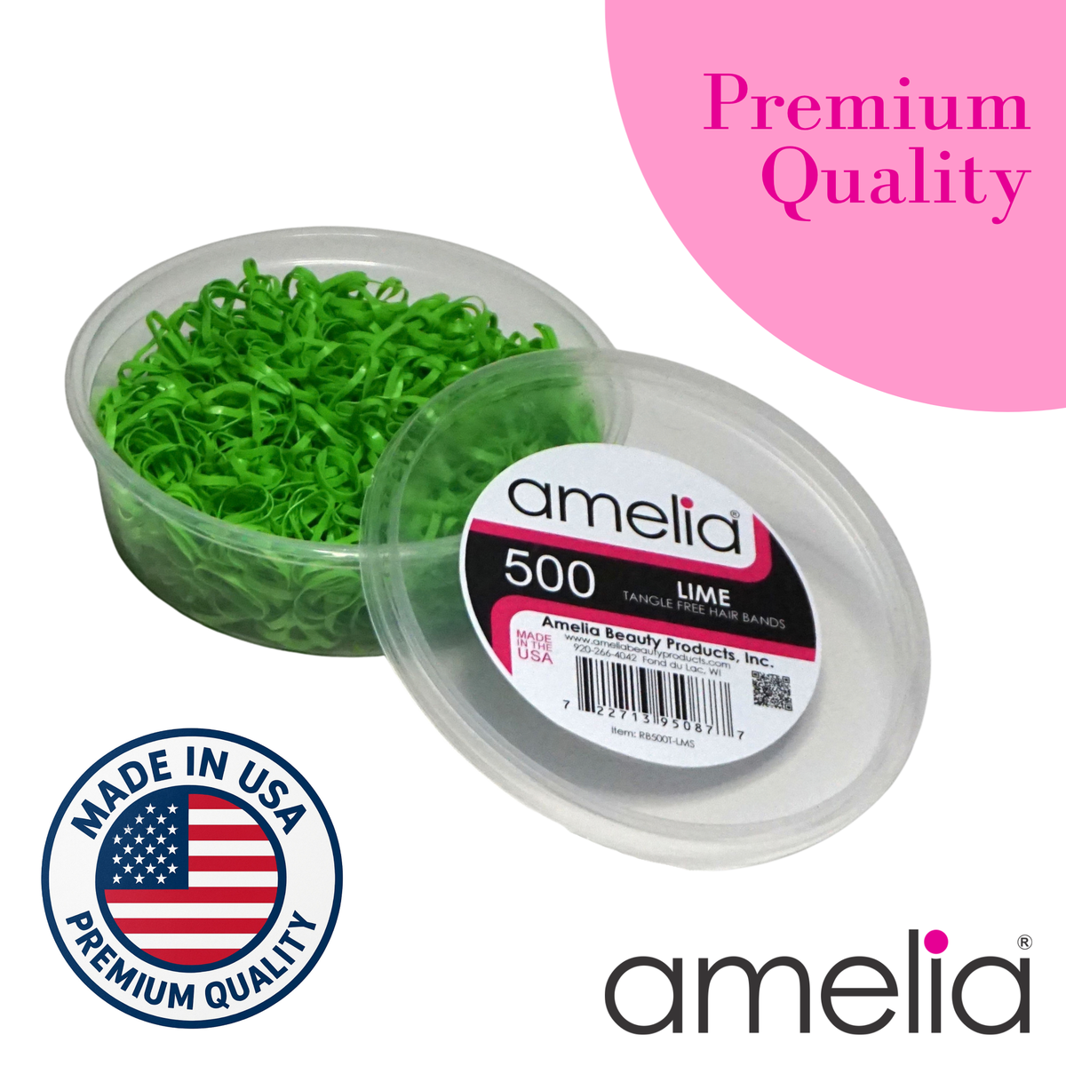 Amelia Beauty 500 Count Small Lime Tangle-Free Elastic Ponytail Holders, 1/2-Inch Hair Ties for Ponytails, Braids, Twists & Hair Sectioning, Made in USA