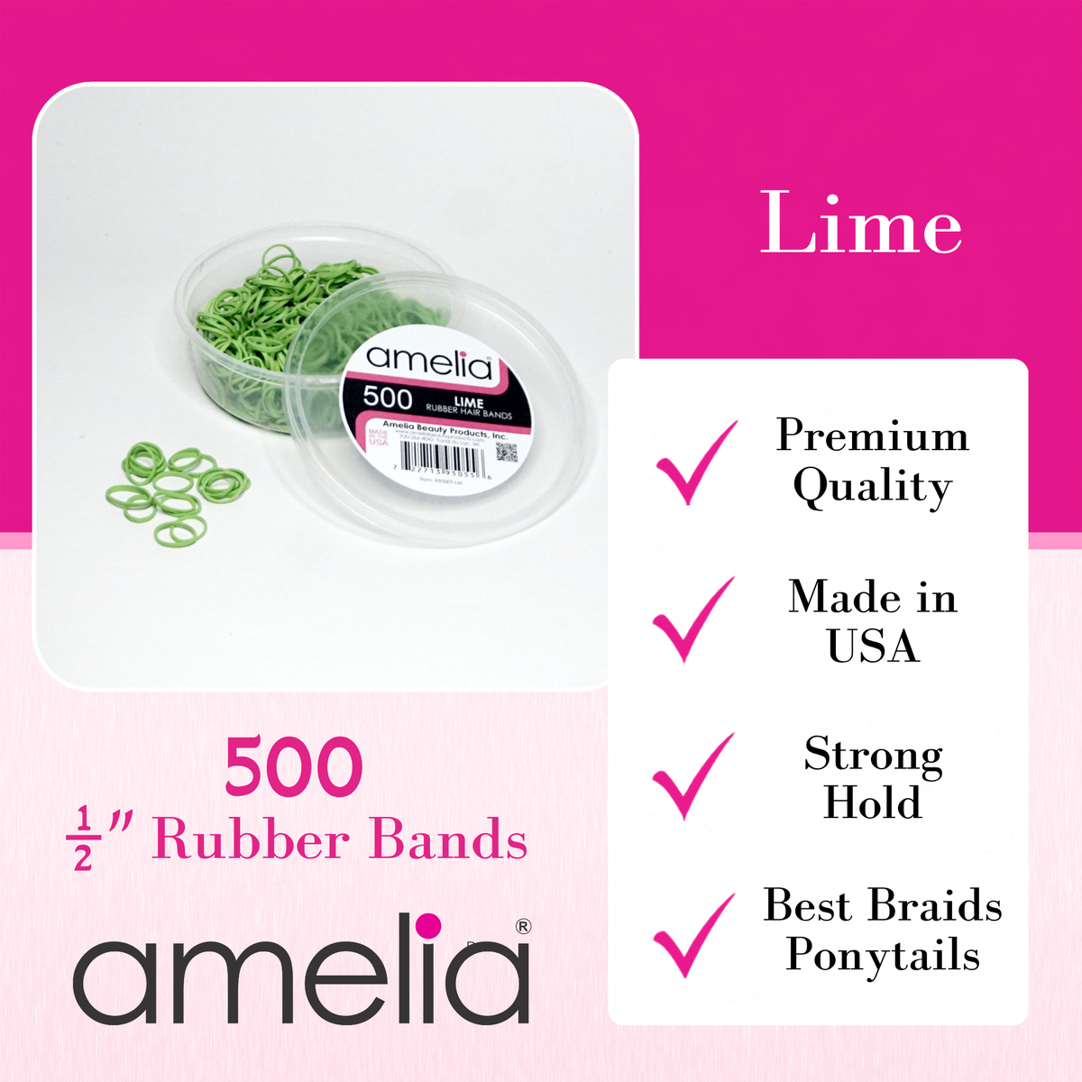 Amelia Beauty | 500 Count, 1/2in Lime Rubber Hair Bands | Made in USA | Ideal for Ponytails, Braids, Twists & Locs