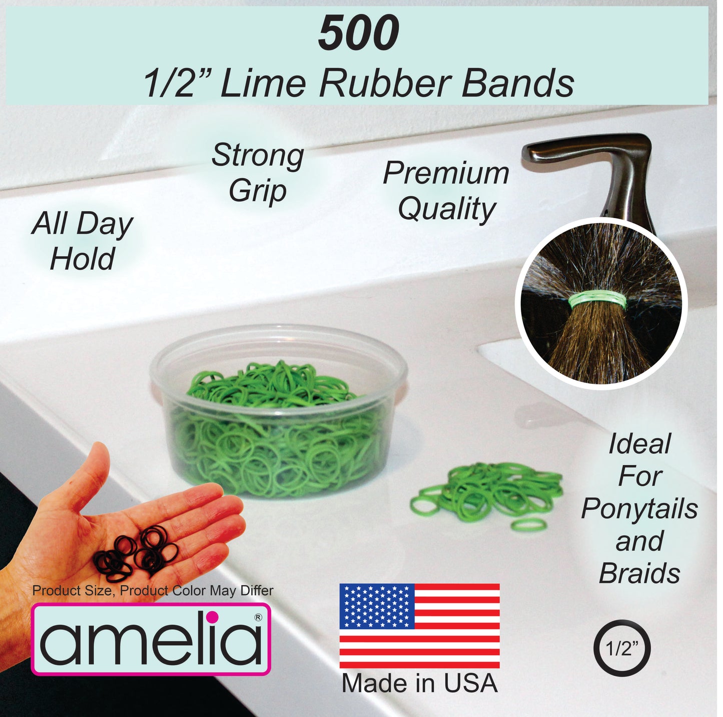 Amelia Beauty | 1/2in, Lime, Elastic Rubber Band Pony Tail Holders | Made in USA, Ideal for Ponytails, Braids, Twists, Dreadlocks, Styling Accessories for Women, Men and Girls | 500 Pack