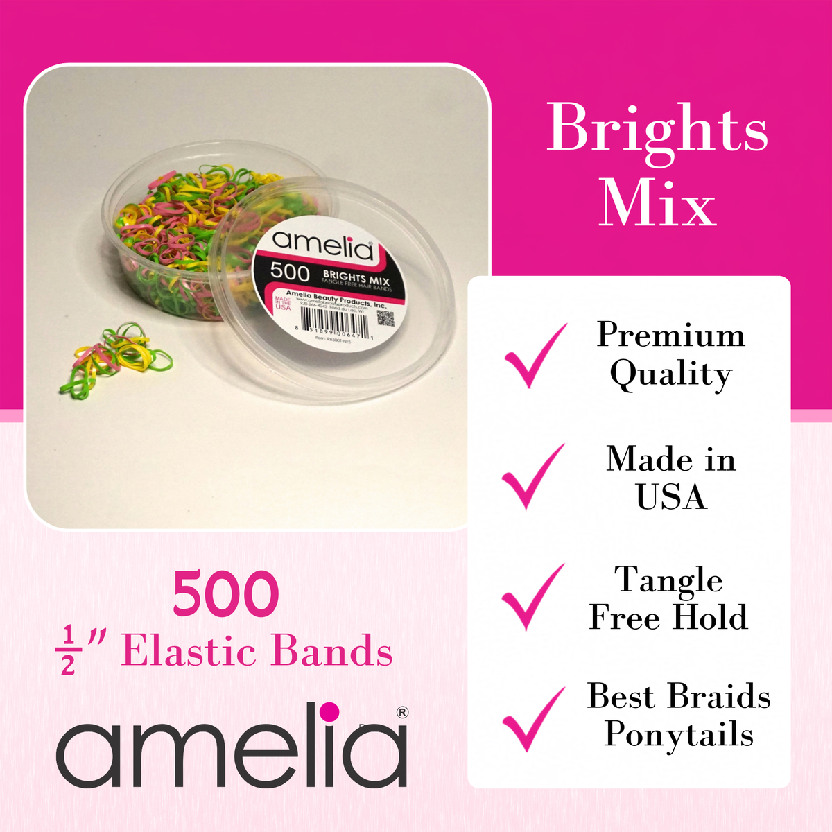 Amelia Beauty 500 Count Small Brights Mix Tangle-Free Elastic Ponytail Holders, 1/2-Inch Hair Ties for Ponytails, Braids, Twists & Hair Sectioning, Made in USA
