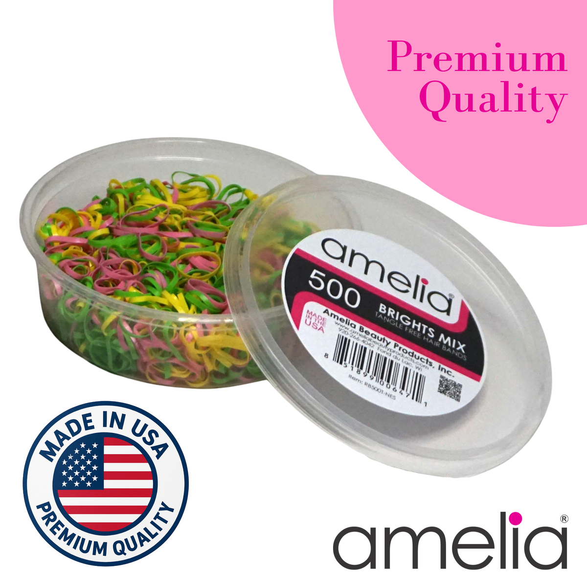 Amelia Beauty 500 Count Small Brights Mix Tangle-Free Elastic Ponytail Holders, 1/2-Inch Hair Ties for Ponytails, Braids, Twists & Hair Sectioning, Made in USA