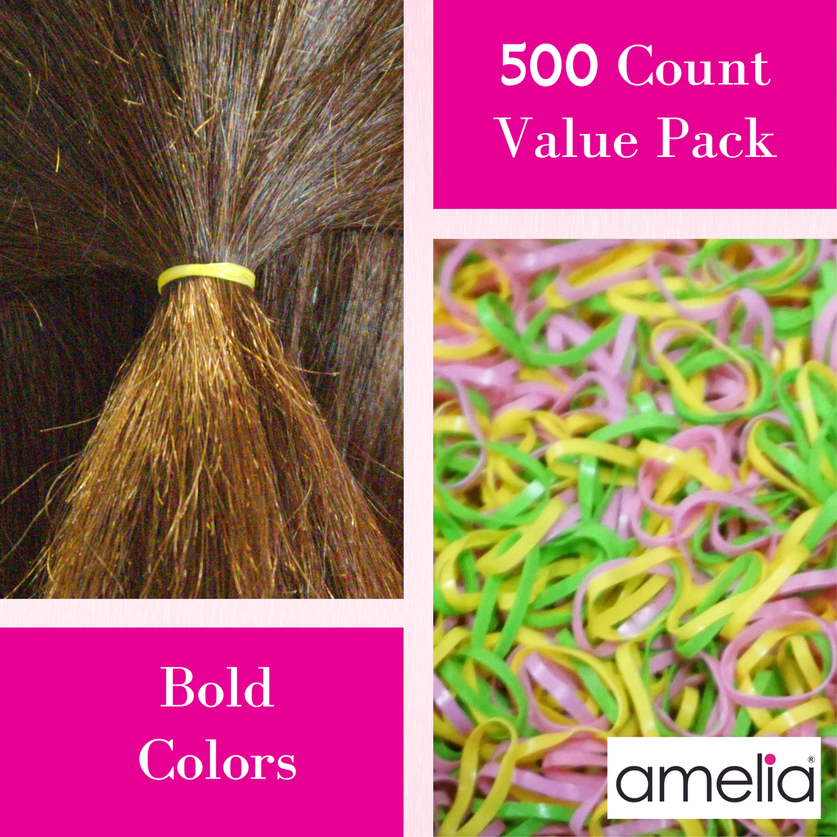 Amelia Beauty 500 Count Small Brights Mix Tangle-Free Elastic Ponytail Holders, 1/2-Inch Hair Ties for Ponytails, Braids, Twists & Hair Sectioning, Made in USA