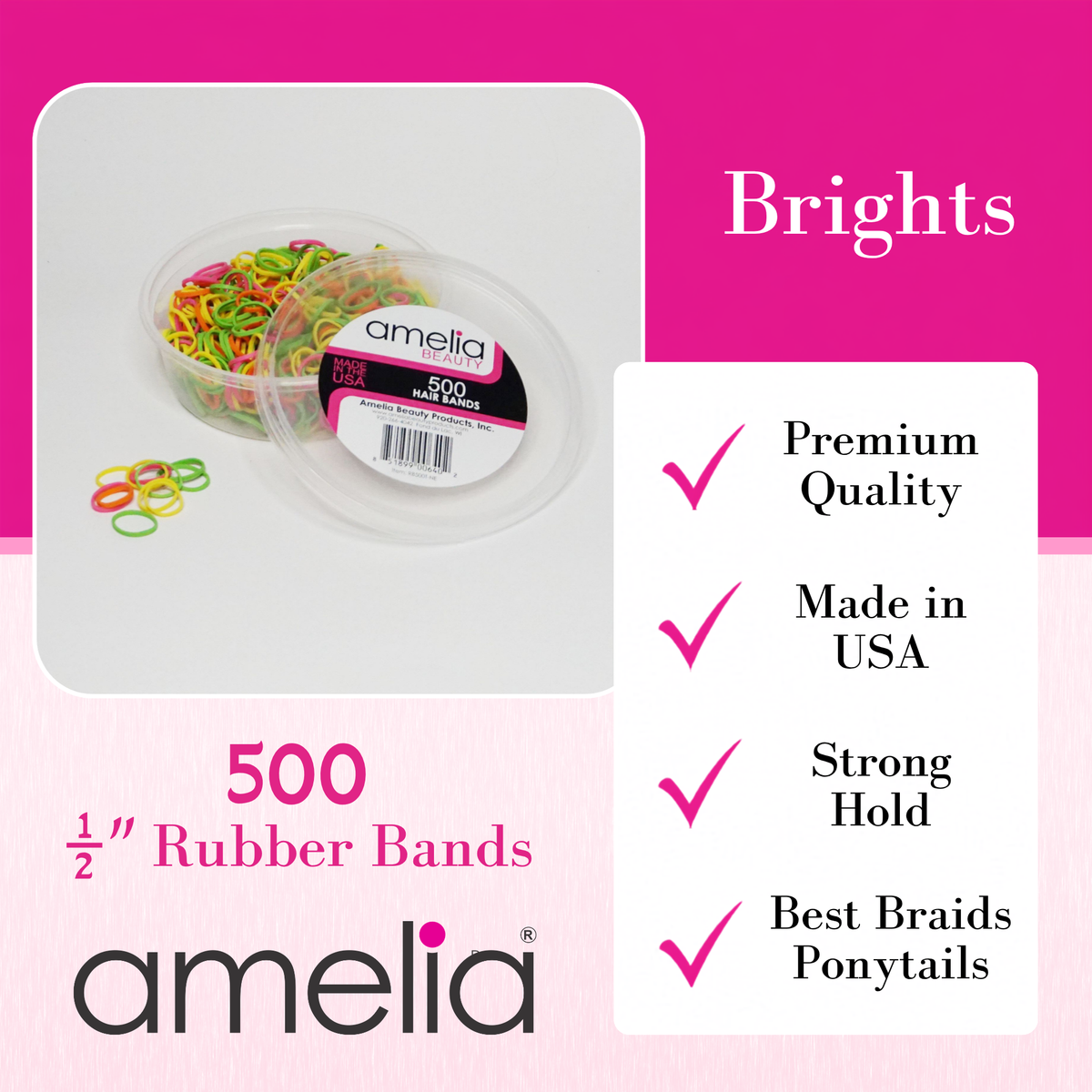 Amelia Beauty | 500 Count, 1/2in Brights Mix Rubber Hair Bands | Made in USA | Ideal for Ponytails, Braids, Twists & Locs