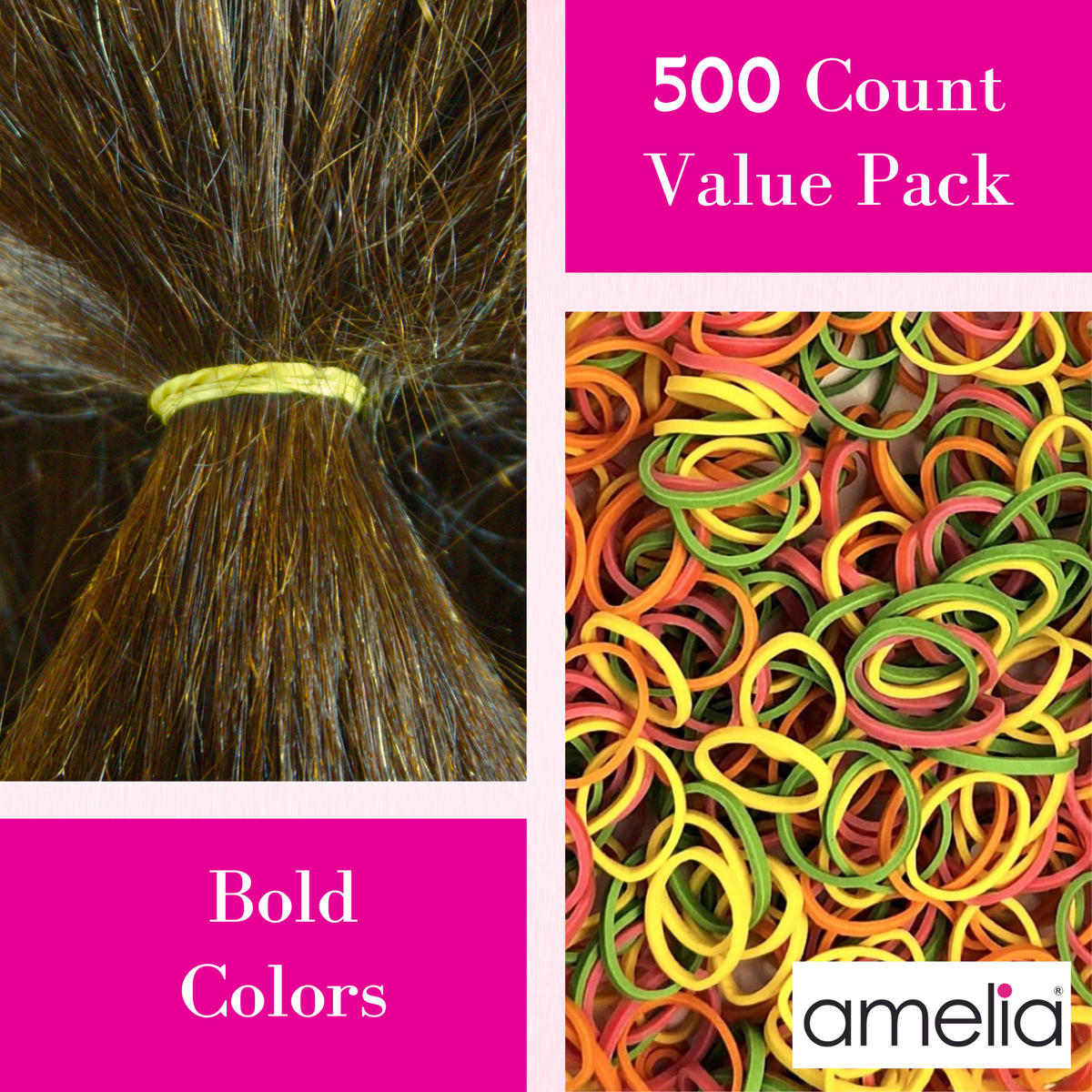Amelia Beauty | 500 Count, 1/2in Brights Mix Rubber Hair Bands | Made in USA | Ideal for Ponytails, Braids, Twists & Locs
