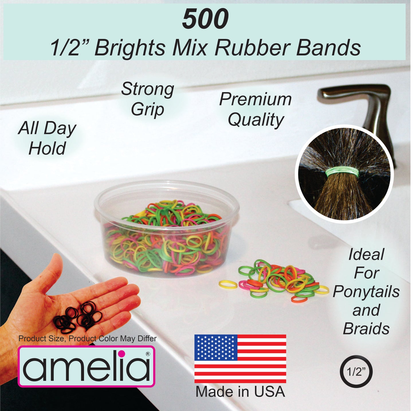Amelia Beauty | 1/2in, Brights Neon Mix, Elastic Rubber Band Pony Tail Holders | Made in USA, Ideal for Ponytails, Braids, Twists, Dreadlocks, Styling Accessories for Women, Men and Girls | 500 Pack