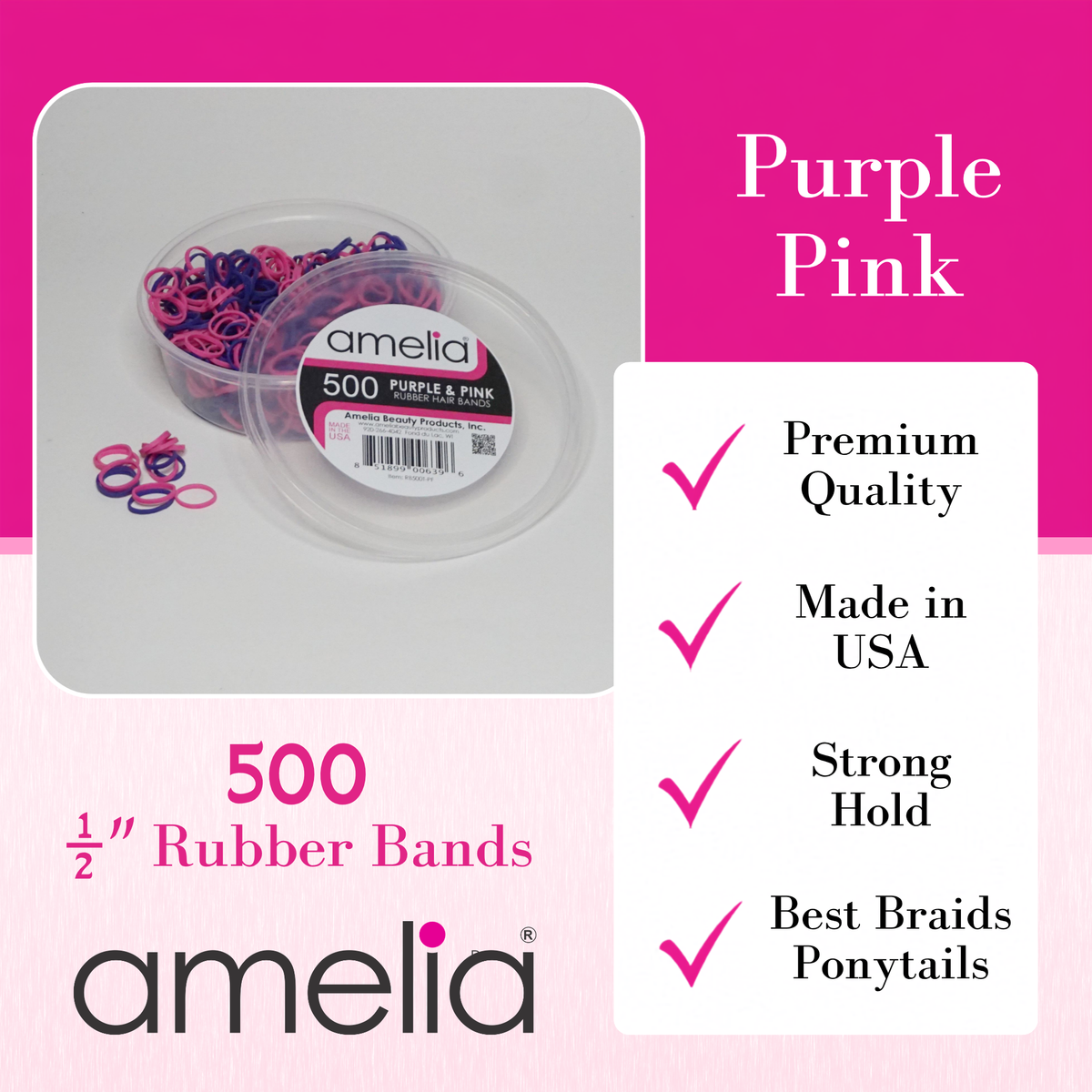 Amelia Beauty | 500 Count, 1/2in Purple and Pink Mix Rubber Hair Bands | Made in USA | Ideal for Ponytails, Braids, Twists & Locs