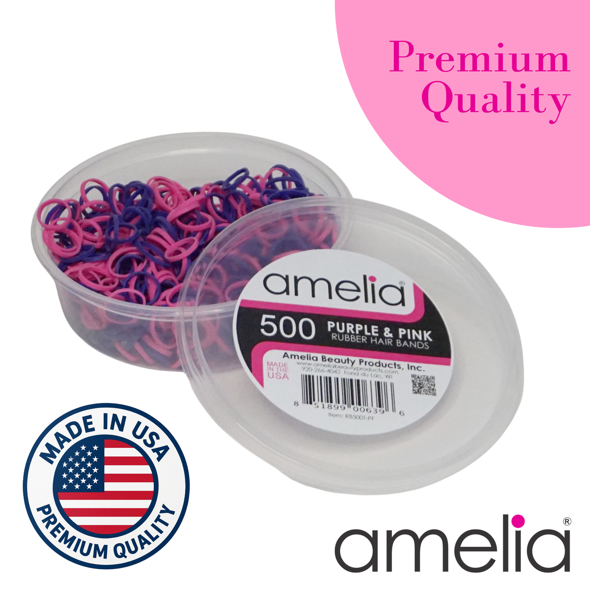 Amelia Beauty | 500 Count, 1/2in Purple and Pink Mix Rubber Hair Bands | Made in USA | Ideal for Ponytails, Braids, Twists & Locs