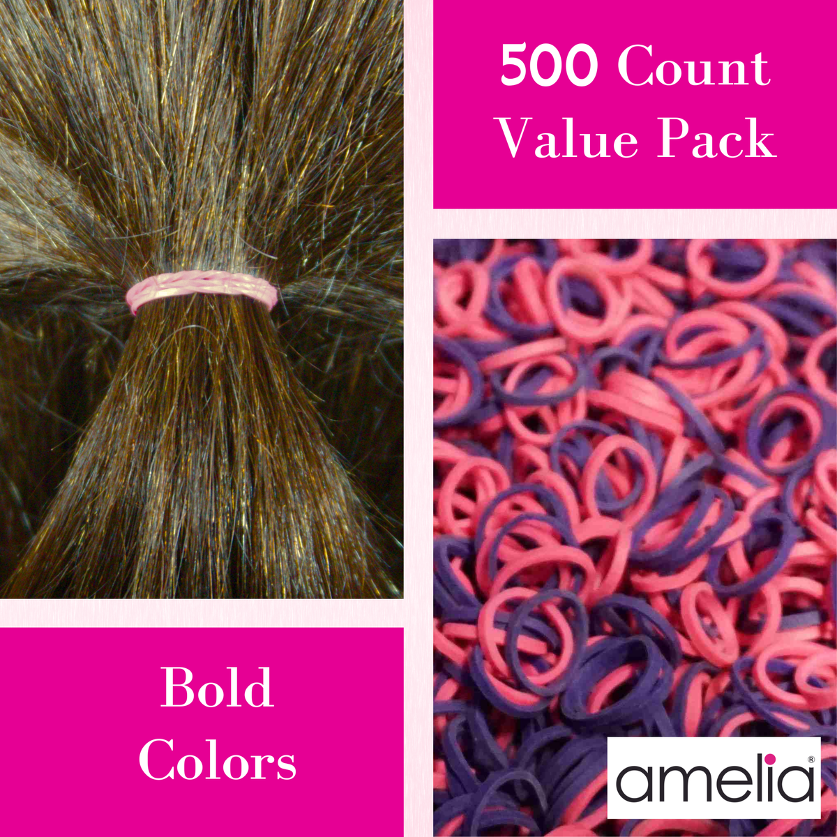 Amelia Beauty | 500 Count, 1/2in Purple and Pink Mix Rubber Hair Bands | Made in USA | Ideal for Ponytails, Braids, Twists & Locs
